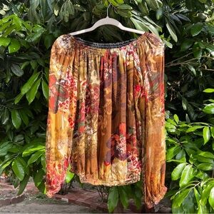 ODAY SHAKAR yellow floral sheer silk puff sleeve off shoulder blouse top